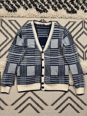 Men’s Mr Turk Blue 3D Knit Plaid Merino Wool Cardigan Sweater Size M